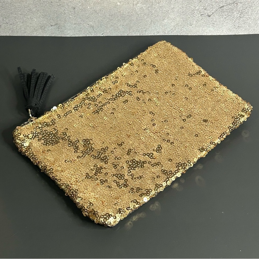 ipsy Sparkling Gold Sequin Cosmetic Bag with Black Tassel